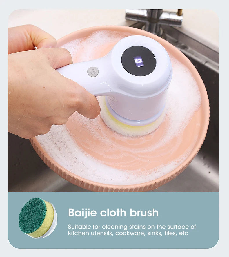 Cordless electric rotary scrubber with 5 replaceable brush heads, rechargeable bathroom and kitchen tile cleaning brush