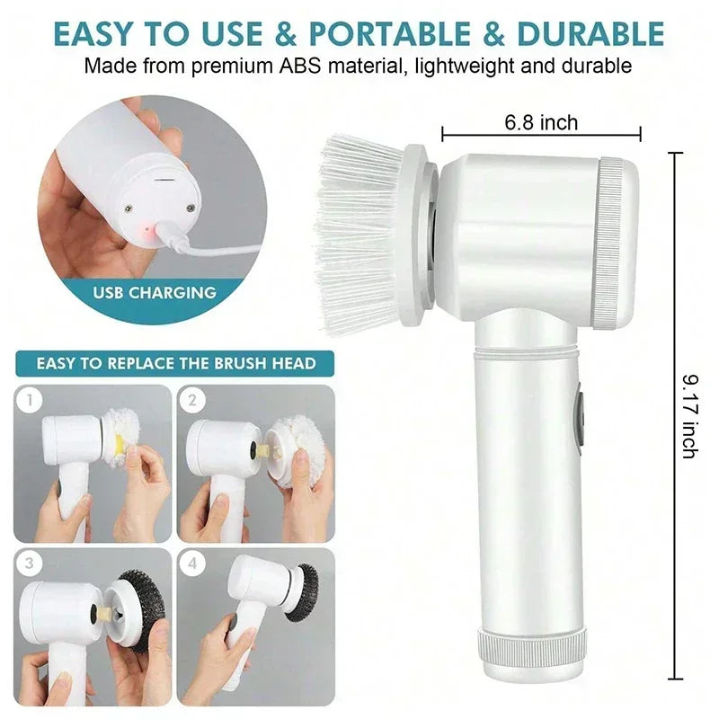 Cordless electric rotary scrubber with 5 replaceable brush heads, rechargeable bathroom and kitchen tile cleaning brush