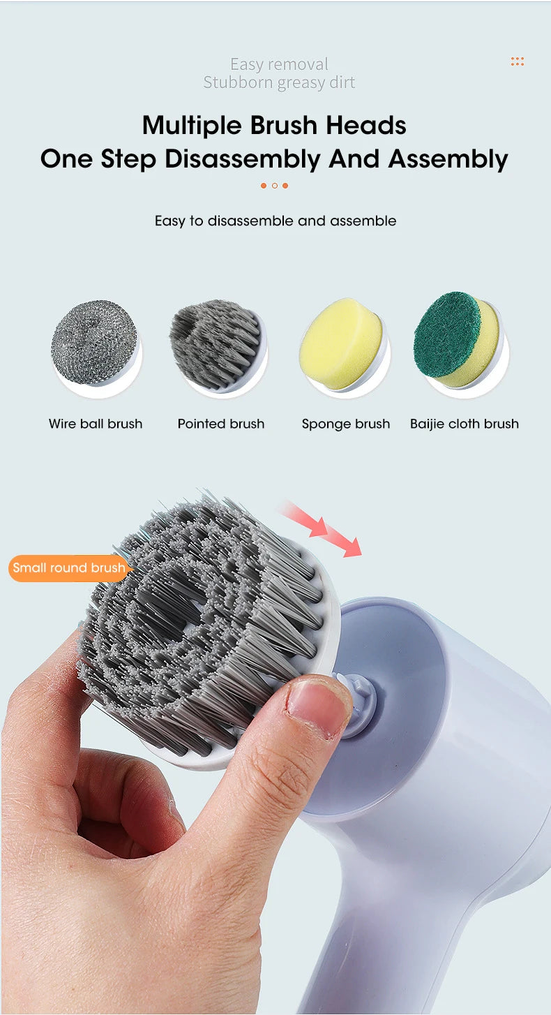 Cordless electric rotary scrubber with 5 replaceable brush heads, rechargeable bathroom and kitchen tile cleaning brush