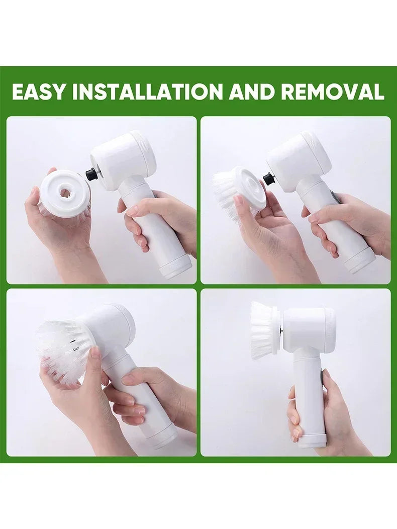 Cordless electric rotary scrubber with 5 replaceable brush heads, rechargeable bathroom and kitchen tile cleaning brush
