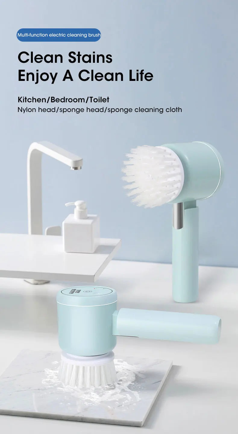 Cordless electric rotary scrubber with 5 replaceable brush heads, rechargeable bathroom and kitchen tile cleaning brush