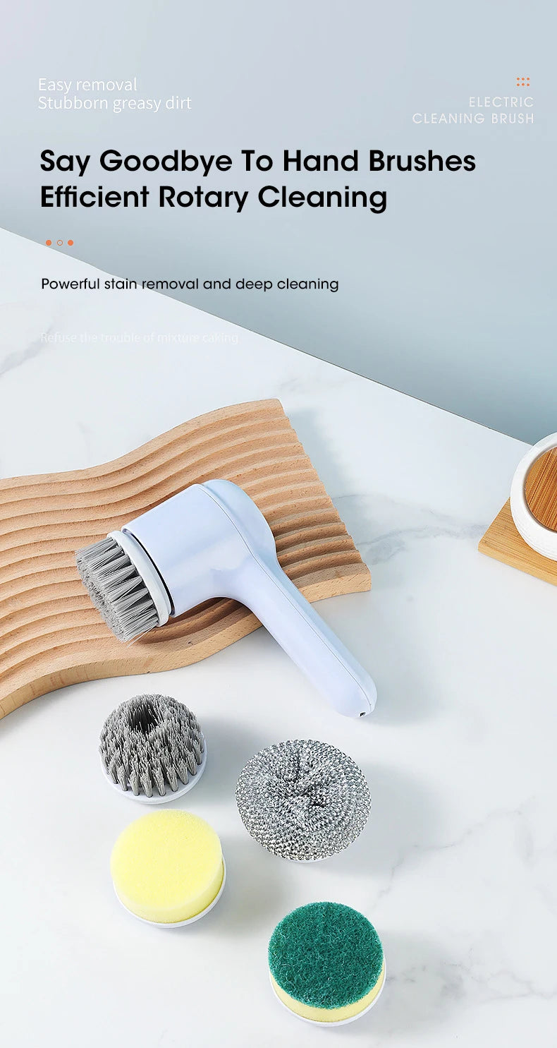 Cordless electric rotary scrubber with 5 replaceable brush heads, rechargeable bathroom and kitchen tile cleaning brush