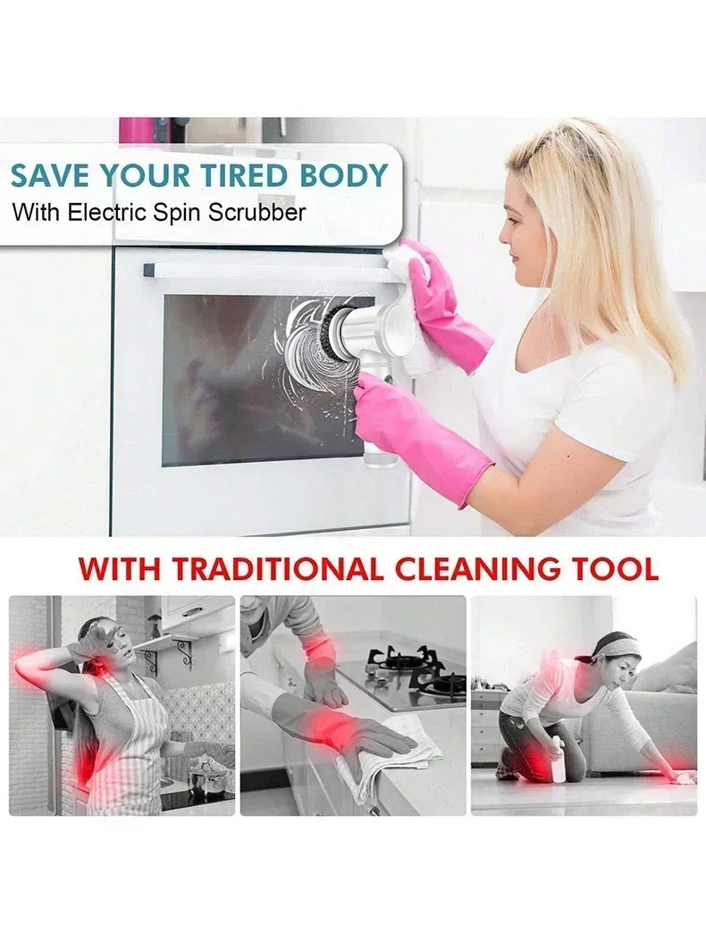 Cordless electric rotary scrubber with 5 replaceable brush heads, rechargeable bathroom and kitchen tile cleaning brush