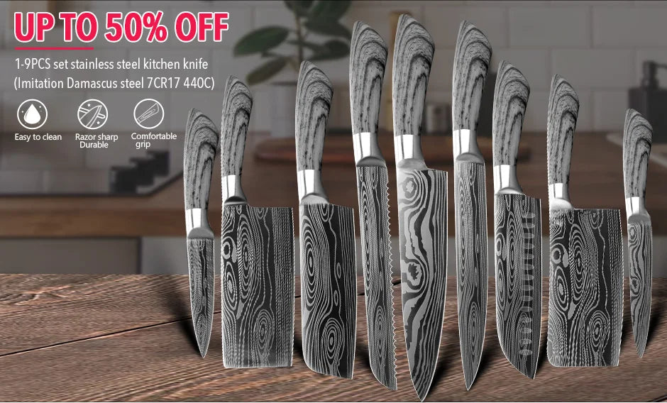 Kitchen Knife Damascus Laser Chef Knife 5 7 8 Inch Meat Cleaver Japanese Santoku Knive Butcher Slicing Cutter for Fish Vegetable