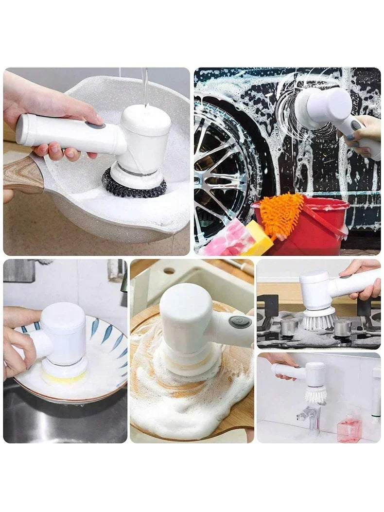 Cordless electric rotary scrubber with 5 replaceable brush heads, rechargeable bathroom and kitchen tile cleaning brush