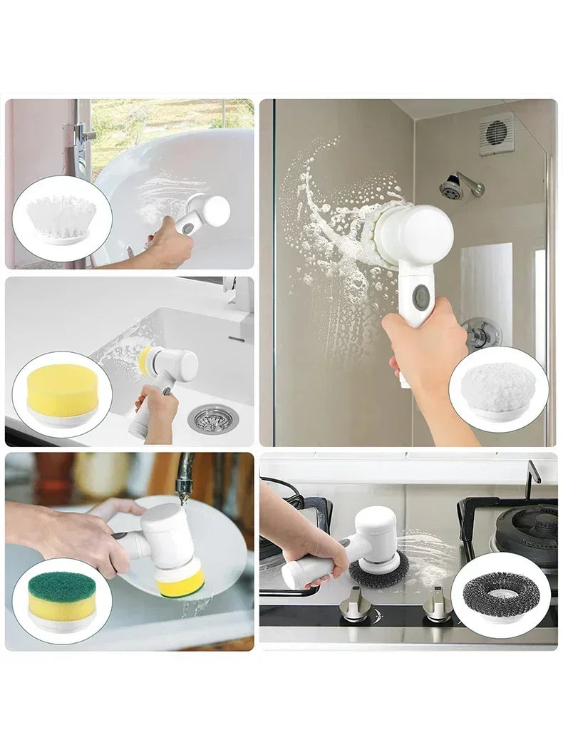 Cordless electric rotary scrubber with 5 replaceable brush heads, rechargeable bathroom and kitchen tile cleaning brush