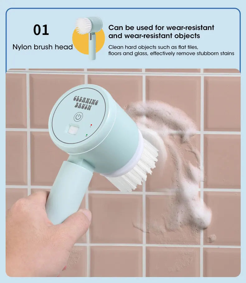 Cordless electric rotary scrubber with 5 replaceable brush heads, rechargeable bathroom and kitchen tile cleaning brush