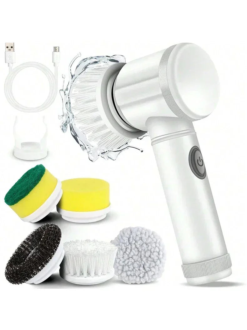 Cordless electric rotary scrubber with 5 replaceable brush heads, rechargeable bathroom and kitchen tile cleaning brush