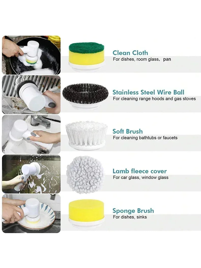 Cordless electric rotary scrubber with 5 replaceable brush heads, rechargeable bathroom and kitchen tile cleaning brush