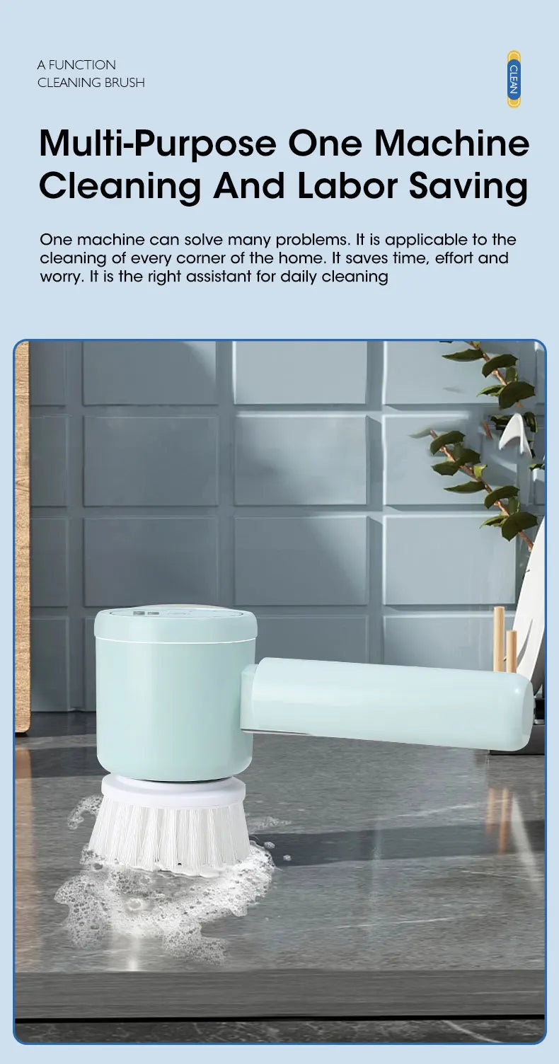 Cordless electric rotary scrubber with 5 replaceable brush heads, rechargeable bathroom and kitchen tile cleaning brush