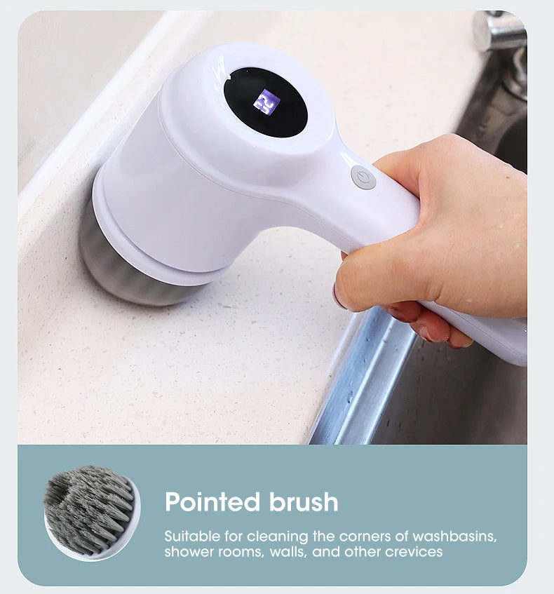 Cordless electric rotary scrubber with 5 replaceable brush heads, rechargeable bathroom and kitchen tile cleaning brush