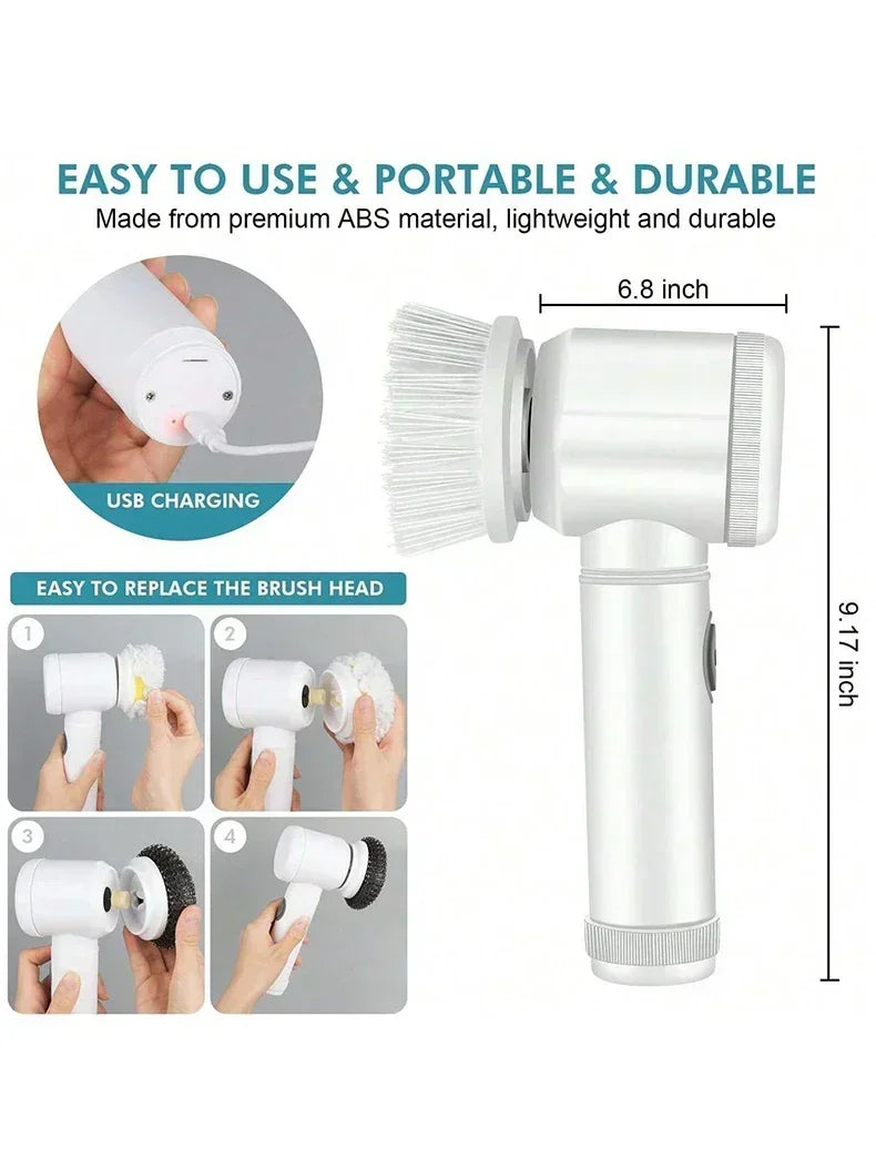 Cordless electric rotary scrubber with 5 replaceable brush heads, rechargeable bathroom and kitchen tile cleaning brush