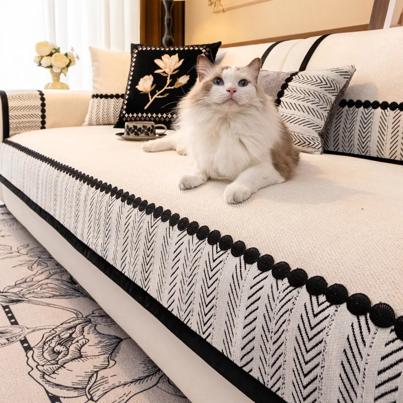 Contrast Hem Twill Chenille Sofa Cover for All Seasons Living Room Non-slip Sofa Seat Cover Couch Slipcover, Sofa Towel