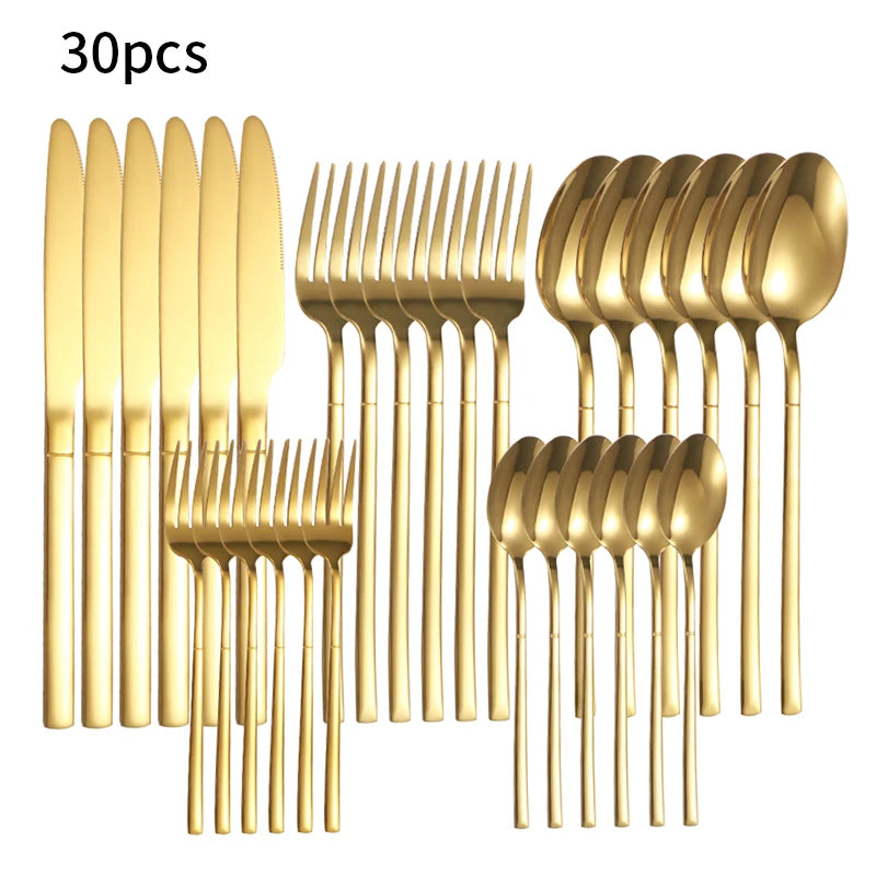 6/30pcs Stainless steel cutlery set, high-end steak knife, fork, dessert spoon, suitable for restaurant banquets parties