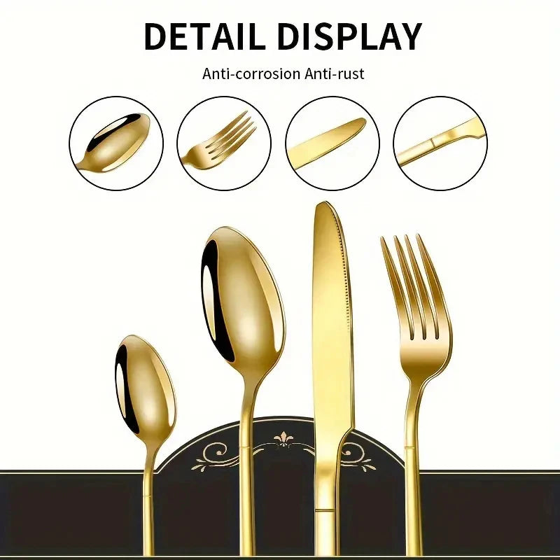 6/30pcs Stainless steel cutlery set, high-end steak knife, fork, dessert spoon, suitable for restaurant banquets parties