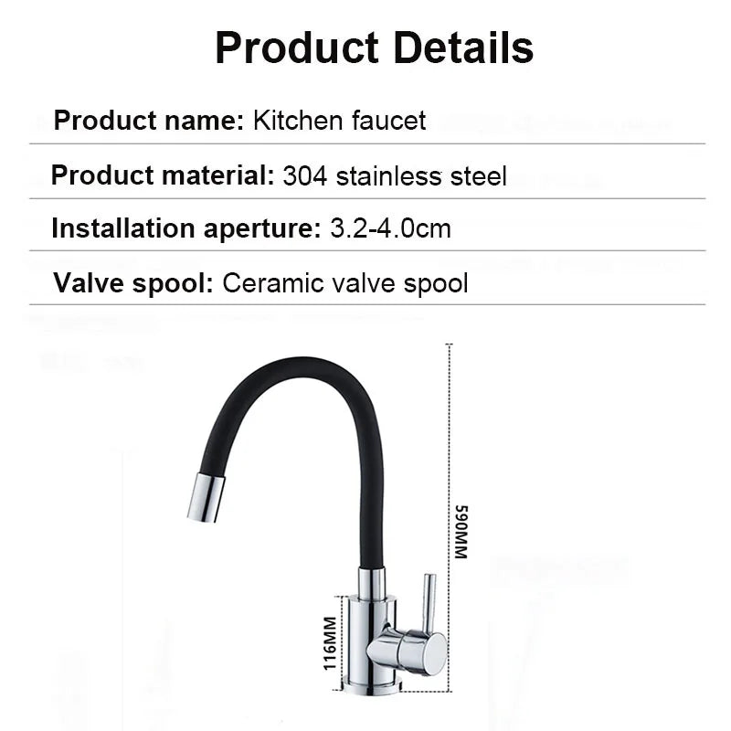 Black Stainless steel Kitchen Faucet Free bending of multiple angles Faucets Single Hole Hot and Cold Water Mixer Tap for Basin