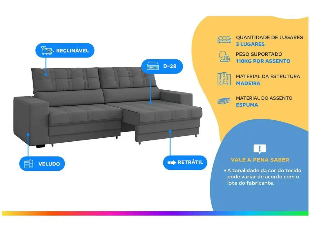 Retractable Sofa Reclining 3 Places Velvet Medelín Besthouse