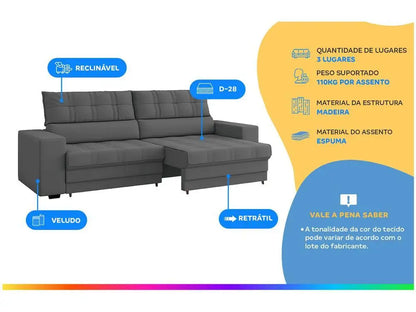 Retractable Sofa Reclining 3 Places Velvet Medelín Besthouse