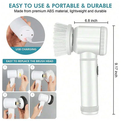Cordless electric rotary scrubber with 5 replaceable brush heads, rechargeable bathroom and kitchen tile cleaning brush