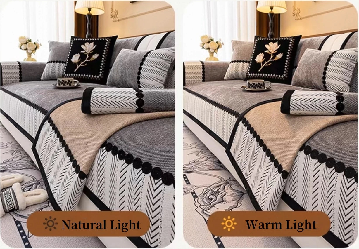 Contrast Hem Twill Chenille Sofa Cover for All Seasons Living Room Non-slip Sofa Seat Cover Couch Slipcover, Sofa Towel