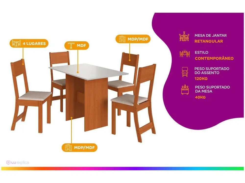 Dining Table 4 Chairs Rectangular Freijo and Off White Indekes Luiza