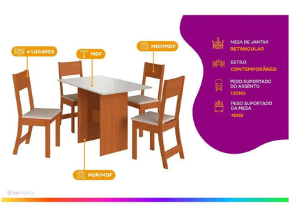 Dining Table 4 Chairs Rectangular Freijo and Off White Indekes Luiza