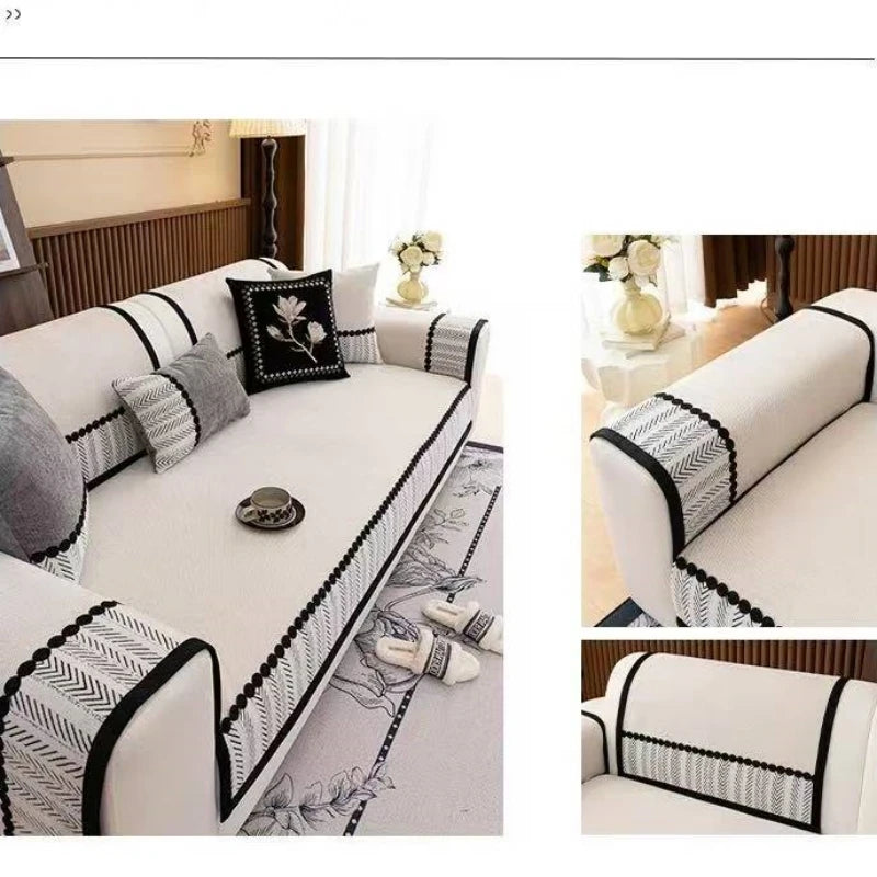 Contrast Hem Twill Chenille Sofa Cover for All Seasons Living Room Non-slip Sofa Seat Cover Couch Slipcover, Sofa Towel