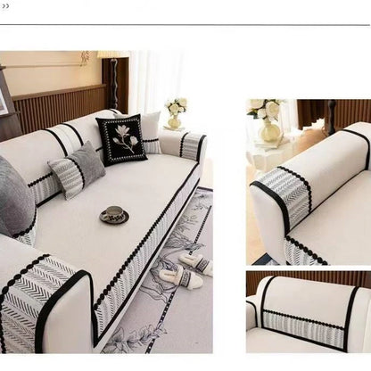 Contrast Hem Twill Chenille Sofa Cover for All Seasons Living Room Non-slip Sofa Seat Cover Couch Slipcover, Sofa Towel