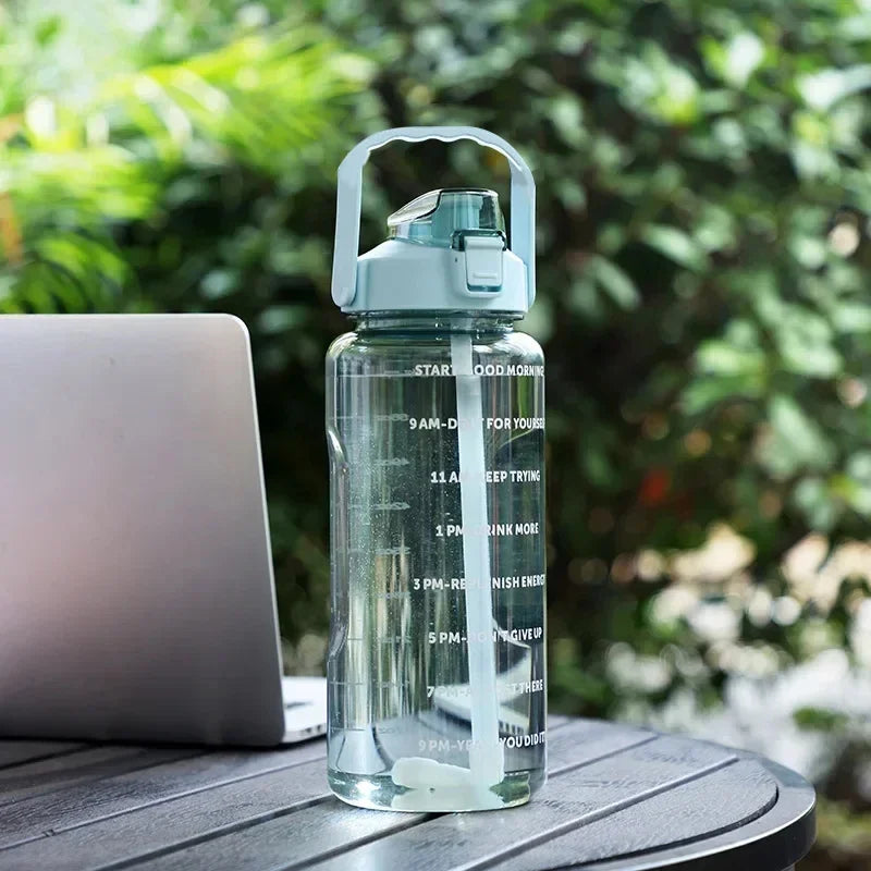 2L Straw Water Bottle Outdoor Large Capacity Sport Water Bottle Portable Plastic Drink Bottle with Time Marker Gym Bottles