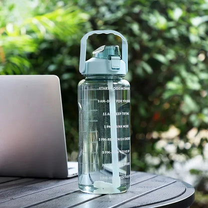 2L Straw Water Bottle Outdoor Large Capacity Sport Water Bottle Portable Plastic Drink Bottle with Time Marker Gym Bottles