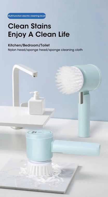 Cordless electric rotary scrubber with 5 replaceable brush heads, rechargeable bathroom and kitchen tile cleaning brush