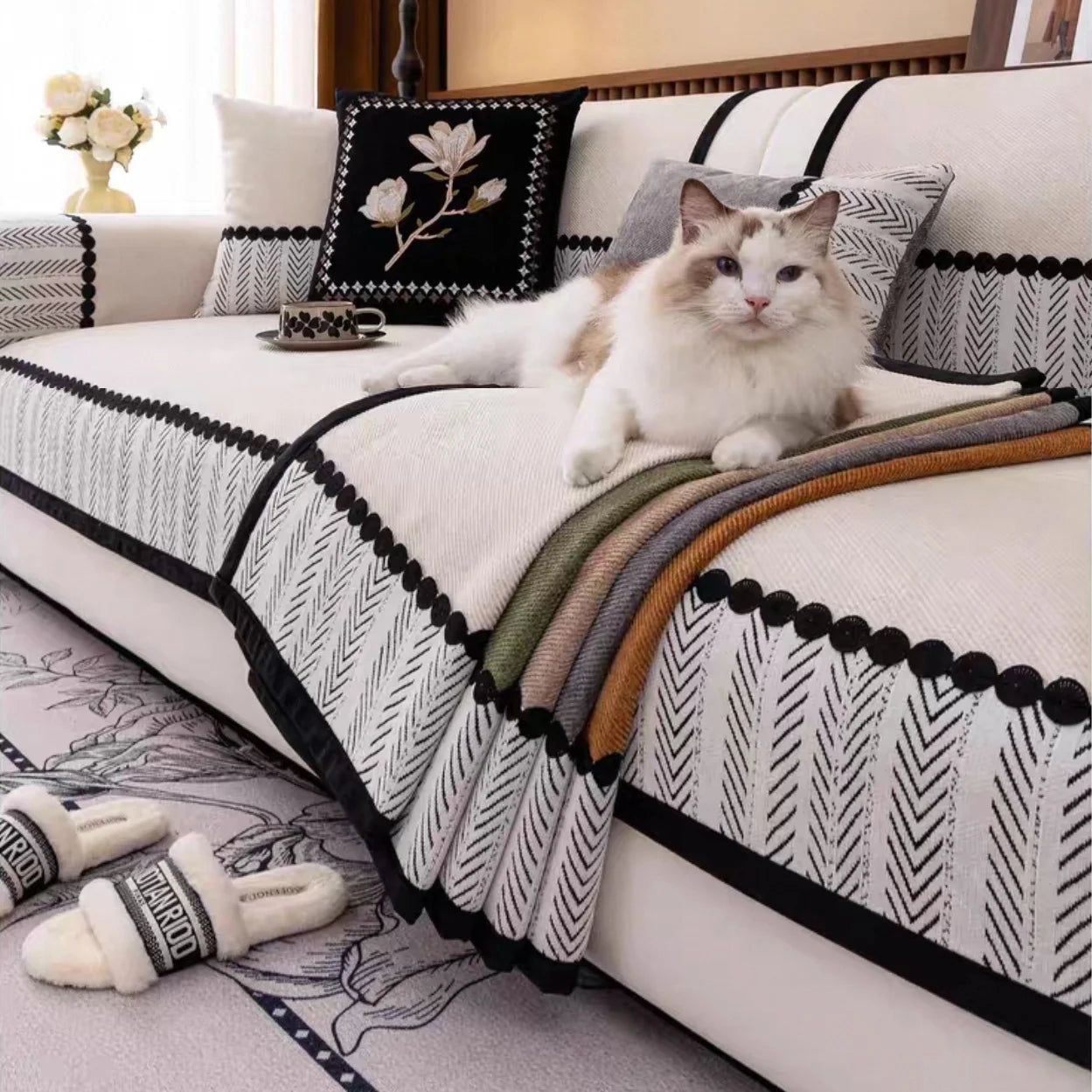 Contrast Hem Twill Chenille Sofa Cover for All Seasons Living Room Non-slip Sofa Seat Cover Couch Slipcover, Sofa Towel