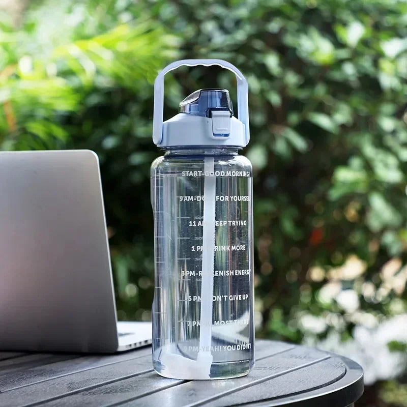2L Straw Water Bottle Outdoor Large Capacity Sport Water Bottle Portable Plastic Drink Bottle with Time Marker Gym Bottles