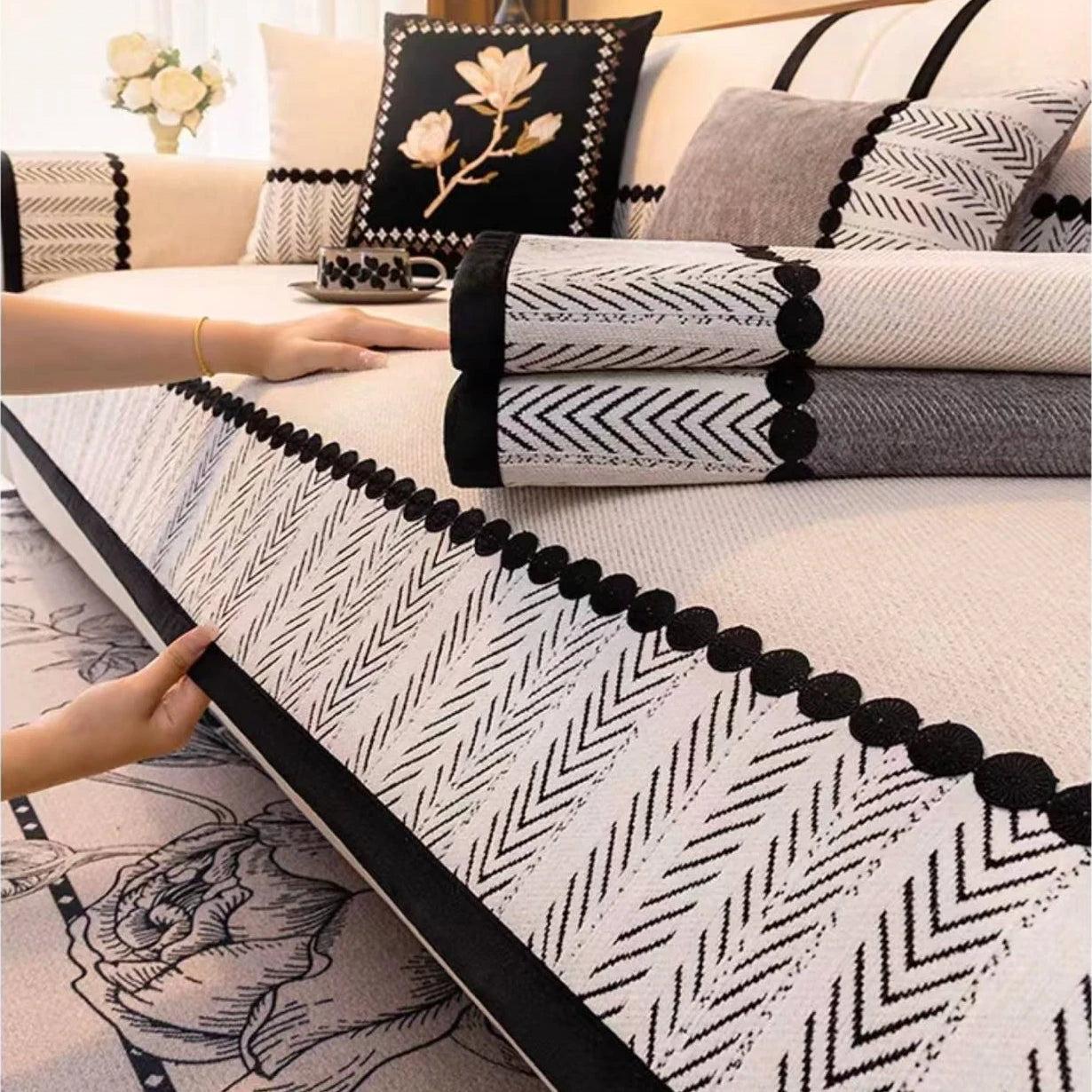 Contrast Hem Twill Chenille Sofa Cover for All Seasons Living Room Non-slip Sofa Seat Cover Couch Slipcover, Sofa Towel