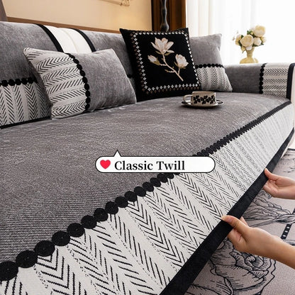 Contrast Hem Twill Chenille Sofa Cover for All Seasons Living Room Non-slip Sofa Seat Cover Couch Slipcover, Sofa Towel
