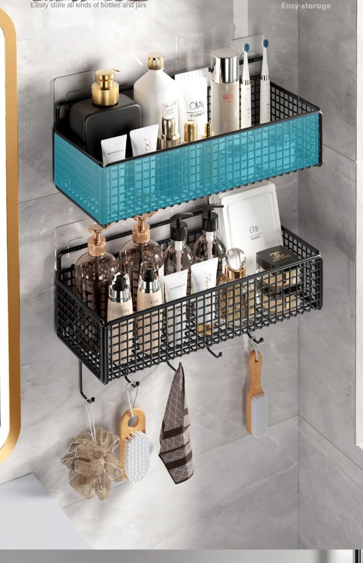 Bathroom Organiser Multifunctional Toiletries Organiser No-Punch Bathroom Shelf Bathroom Kitchen Wall Mount Storage Rack
