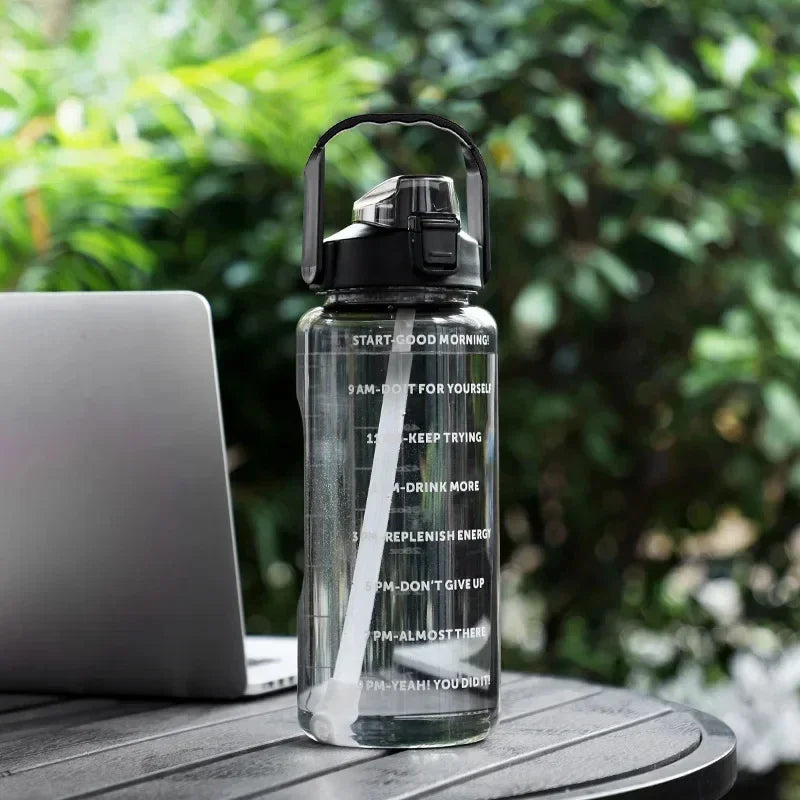 2L Straw Water Bottle Outdoor Large Capacity Sport Water Bottle Portable Plastic Drink Bottle with Time Marker Gym Bottles