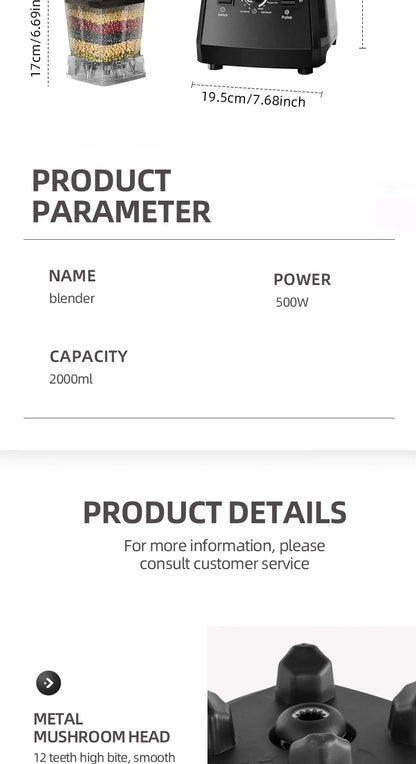 500W Heavy Duty Commercial Blender Stationary Mixer Ice Smoothies Appliances for Kitchen Professional High Power Food Processor