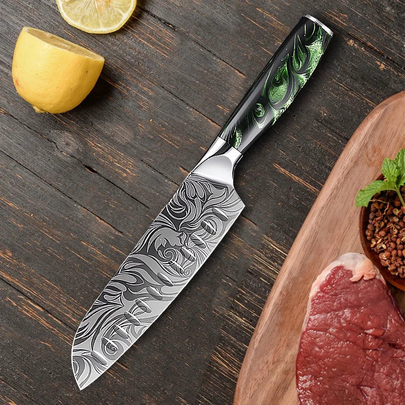 Kitchen Knife Chef Japanese Knife Laser Damascus Pattern Knife Cut Meat Fruit Bread Vegetable Boning Knife Slicing Utility Knife