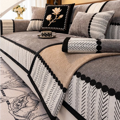 Contrast Hem Twill Chenille Sofa Cover for All Seasons Living Room Non-slip Sofa Seat Cover Couch Slipcover, Sofa Towel