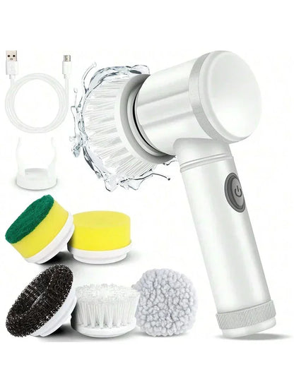 Cordless electric rotary scrubber with 5 replaceable brush heads, rechargeable bathroom and kitchen tile cleaning brush