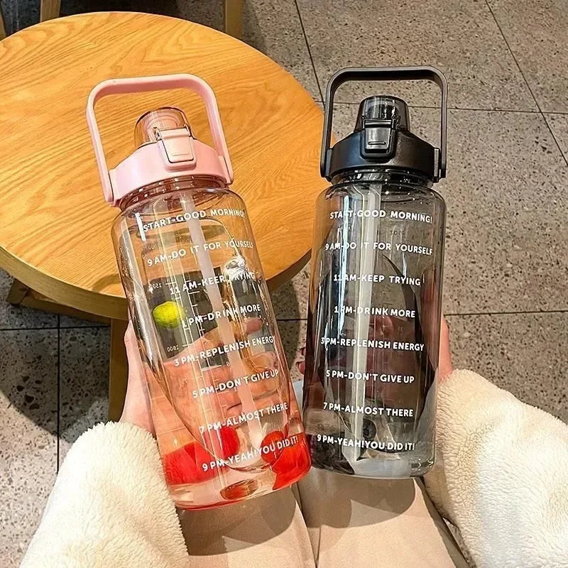 2L Straw Water Bottle Outdoor Large Capacity Sport Water Bottle Portable Plastic Drink Bottle with Time Marker Gym Bottles