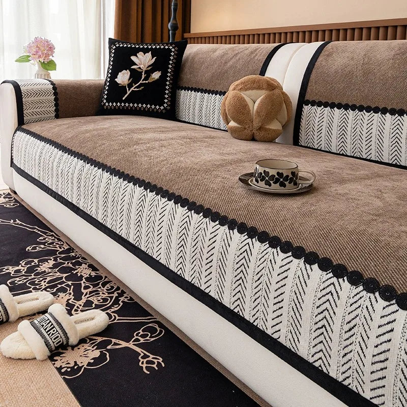 Contrast Hem Twill Chenille Sofa Cover for All Seasons Living Room Non-slip Sofa Seat Cover Couch Slipcover, Sofa Towel