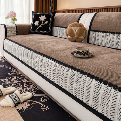 Contrast Hem Twill Chenille Sofa Cover for All Seasons Living Room Non-slip Sofa Seat Cover Couch Slipcover, Sofa Towel