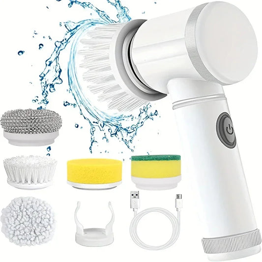 Cordless electric rotary scrubber with 5 replaceable brush heads, rechargeable bathroom and kitchen tile cleaning brush