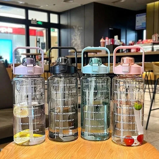 2L Straw Water Bottle Outdoor Large Capacity Sport Water Bottle Portable Plastic Drink Bottle with Time Marker Gym Bottles
