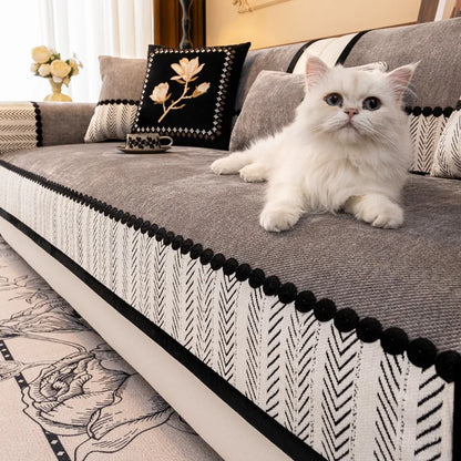 Contrast Hem Twill Chenille Sofa Cover for All Seasons Living Room Non-slip Sofa Seat Cover Couch Slipcover, Sofa Towel