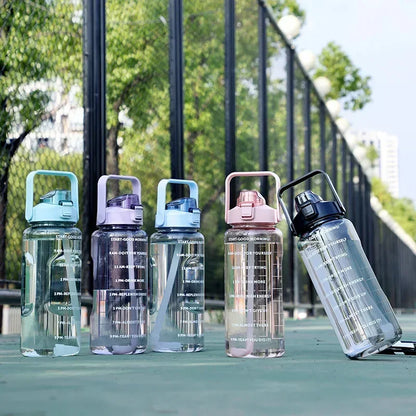 2L Straw Water Bottle Outdoor Large Capacity Sport Water Bottle Portable Plastic Drink Bottle with Time Marker Gym Bottles