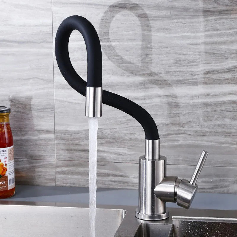 Black Stainless steel Kitchen Faucet Free bending of multiple angles Faucets Single Hole Hot and Cold Water Mixer Tap for Basin