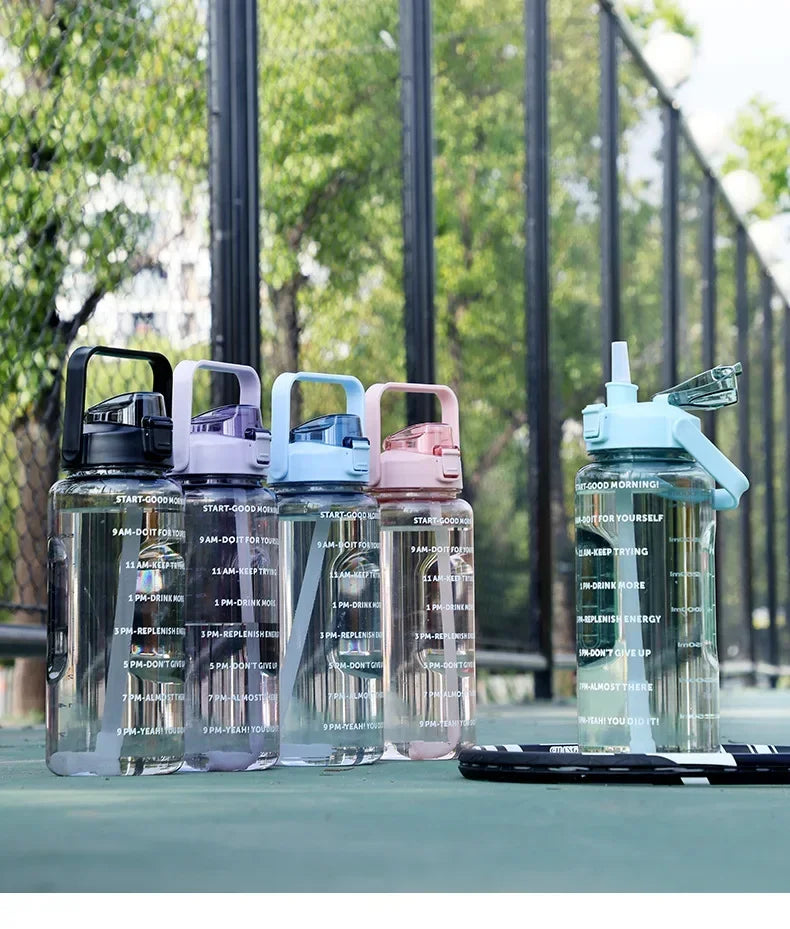 2L Straw Water Bottle Outdoor Large Capacity Sport Water Bottle Portable Plastic Drink Bottle with Time Marker Gym Bottles